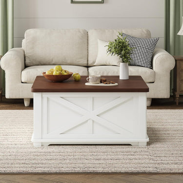 Farmhouse Lift Top Coffee Table, Square Coffee Table with Large Hidden Storage Compartment for Living Room, Wooden Coffee Tables with Brown Flip-Top Lids for Home Office, White