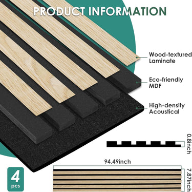 4-Piece Wood Slat Acoustic Panels for Stylish Decor - 94.5" x 7.87"Acoustic Wood Wall Panels 3D Wood Slat Wall Panel Acoustic Wood Panels for Ceiling and Wall White Oak