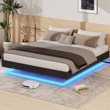 Queen Size Floating Bed Frame with LED Lights, Black Upholstered and Metal Platform Bed Queen, Modern Stable Floating Bed Frame Without Headboard, No Box Spring Needed, Easy to Assemble