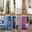 OtterOsis Corner Shelf Stand, 5-Tier Corner Shelf with LED Light, 70Inch Tall Display Shelf for Living Room, Bedroom, Bookshelf, Wood Ladder Shelf with Steel Frame, Plant Shelf (Brown)