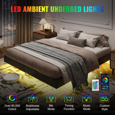 Queen Size Floating Bed Frame with LED Lights, Black Upholstered and Metal Platform Bed Queen, Modern Stable Floating Bed Frame Without Headboard, No Box Spring Needed, Easy to Assemble