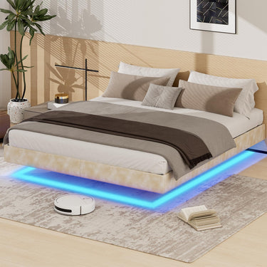 Queen Size Floating Bed Frame with LED Lights, Black Upholstered and Metal Platform Bed Queen, Modern Stable Floating Bed Frame Without Headboard, No Box Spring Needed, Easy to Assemble