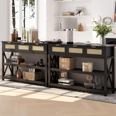 47.2" Modern Console Table with 3 Rattan Drawers, Entryway Table with 3-Tier Storage Shelves, Narrow Long Sofa Table for Entryway, Hallway, Foyer and Living Room, Black