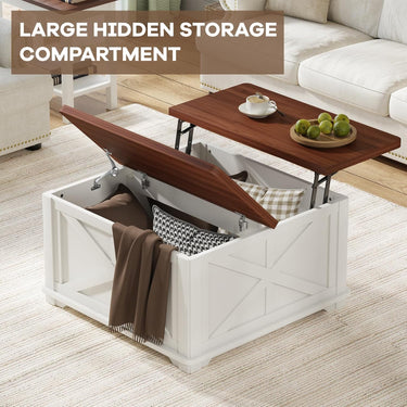 Farmhouse Lift Top Coffee Table, Square Coffee Table with Large Hidden Storage Compartment for Living Room, Wooden Coffee Tables with Brown Flip-Top Lids for Home Office, White