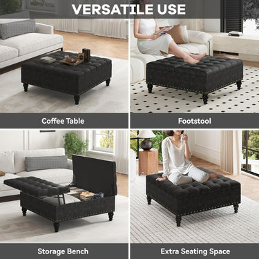 Large Square Storage Ottoman Bench,Versatile Lift-Top Coffee Table, Toy Box Footrest for Living Room in Chenille, Black