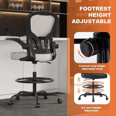 Synorla Ergonomic Drafting Chair, Tall Office Chair with Flip-up Armrests, Breathable Mesh High Desk Chair with Lumbar Support Adjustable Footrest Ring for Standing Desk, Home Office Studio