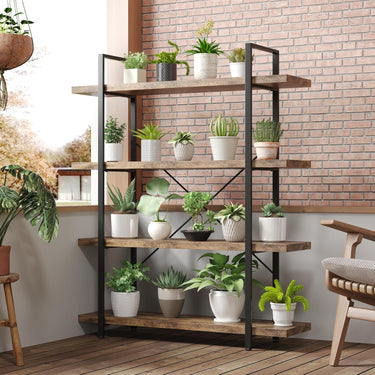 Bookshelf, 4 Tier Book Shelf, Industrial Bookcase for Home and Office, 47" Length Wide Wood Standing Bookshelf Display Open Shelving Rack, Rustic Horizontal Shelves for Living Room Bedroom