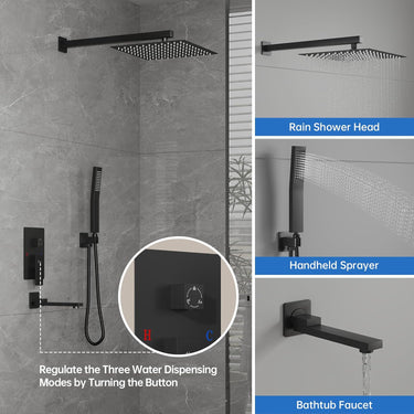 Matte Black Shower System with Tub Spout, Full Metal 10” Rainfall Shower Tub Faucet Set with Handheld Spray Combo, High Pressure Wall Mount Shower Valve and Trim Kit for Bathroom (matte black)