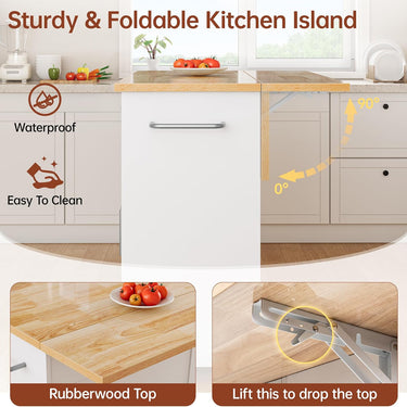 Kitchen Island with Hidden Trash Can Storage, Rolling Kitchen Island with Storage, Drop Leaf, 3-Tier Spice Rack, Towel Rack & Drawer, Portable Island for Kitchen