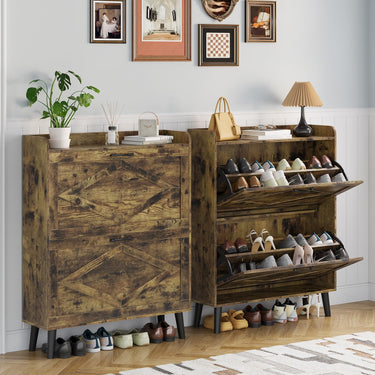 Shoe Storage Cabinet with 2 Flip Drawers, Farmhouse Narrow Shoe Cabinet for Entryway, Slim Shoe Organizer Cabinet with Wood Legs, Washed Gray