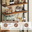 L-Shaped Bakers Rack with Power Outlet, 6-Tier Microwave Stand with Open Storage, Coffee Bar with Hooks, Mesh Grid, Kitchen Shelf with Wire Basket, Rustic Brown and Black