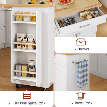Kitchen Island with Hidden Trash Can Storage, Rolling Kitchen Island with Storage, Drop Leaf, 3-Tier Spice Rack, Towel Rack & Drawer, Portable Island for Kitchen