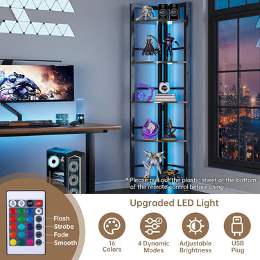 OtterOsis 5-Tier Corner Shelf with LED Light, 70” Tall Corner Bookshelf, Plant Shelf, Wood Display Shelf for Living Room, Bedroom, Balcony, Kitchen (Brown)