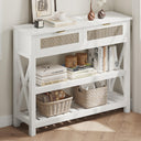 47.2" Modern Console Table with 3 Rattan Drawers, Entryway Table with 3-Tier Storage Shelves, Narrow Long Sofa Table for Entryway, Hallway, Foyer and Living Room, White