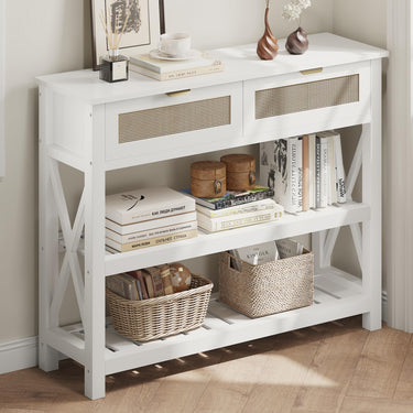47.2" Modern Console Table with 3 Rattan Drawers, Entryway Table with 3-Tier Storage Shelves, Narrow Long Sofa Table for Entryway, Hallway, Foyer and Living Room, White