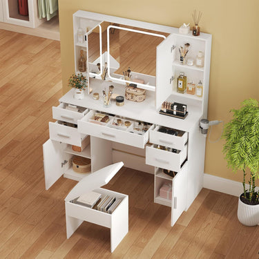 Vanity Desk with Mirror and Lights, Vanity Tables with 7 Drawers, Makeup Vanity with Tri-Folding 3 Colors Lighting Mirror and Cushioned Stool, Big Vanities Perfect for Bedroom, White