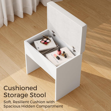 Makeup Vanity with Hidden Storage, Vanity Mirror Desk Set with Lights and Cushioned Stool for Women Girls, White Vanity Table for Bedroom with Power Outlet, Drawers, Cabinet and Shelves