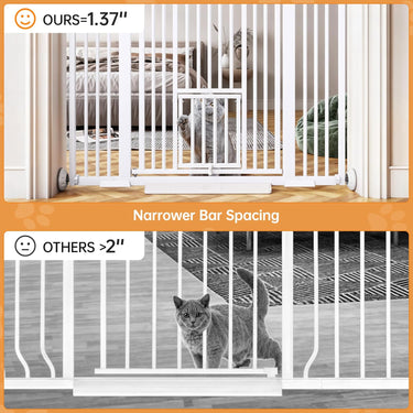 55.1'' Extra Tall Pet Gate for Cat, 29.5-43'' Extra Wide Cat Gate for Doorway with Upgraded Cat Door and 1.37'' Narrower Bar Spacing, NO Drilling Pressure Mounted Dog Gate Indoor