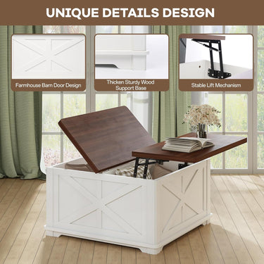 Farmhouse Lift Top Coffee Table, Square Coffee Table with Large Hidden Storage Compartment for Living Room, Wooden Coffee Tables with Brown Flip-Top Lids for Home Office, White
