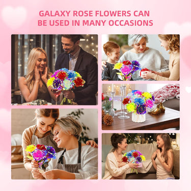 24 Pcs Galaxy Rose Flowers, Forever Preserved 24k Rainbow Rose Artificial Flowers, Colorful Glass Rose Flower Gifts for Weeding Anniversary Women Girls Valentine's Day Birthday Christmas
