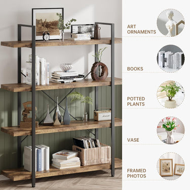 Bookshelf, 4 Tier Book Shelf, Industrial Bookcase for Home and Office, 47" Length Wide Wood Standing Bookshelf Display Open Shelving Rack, Rustic Horizontal Shelves for Living Room Bedroom