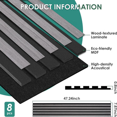 8-Piece Wood Slat Acoustic Panels for Stylish Decor - 47.2" x 7.87"Acoustic Wood Wall Panels 3D Wood Slat Wall Panel Acoustic Wood Panels for Ceiling and Wall Grey Oak