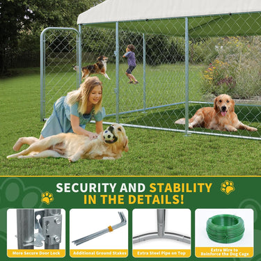 Outdoor Large Dog Kennel 10 x 10 FT, Heavy Duty Dog Enclosure with UV & Rain-Proof Fully Covered Roof, Rustproof Metal Mesh, Double Security Locks