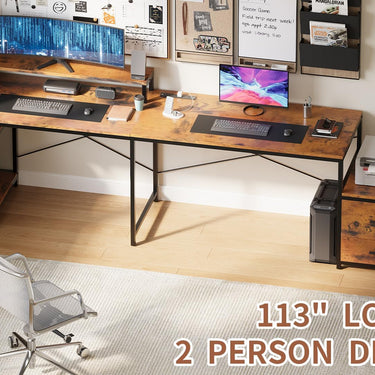 66" L Shaped Desk with Wood Drawers, 113" 2 Person Desk with Printer Stand, Large Reversible L Shape Gaming Desk with Power Outlet, Brown Computer Desk with Power Outlet for Home Office