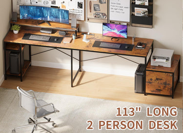66" L Shaped Desk with Wood Drawers, 113" 2 Person Desk with Printer Stand, Large Reversible L Shape Gaming Desk with Power Outlet, Brown Computer Desk with Power Outlet for Home Office