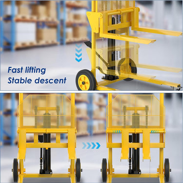 Hydraulic Material Lift with Upgraded Baffle Pallet Lift 550 lbs 37.4” Max Lift with Front Universal Wheels and 9" Polyurethane Wheels, 18.5" Fork Length, Lift Dolly, Hand Forklift, Steel Platform x 1