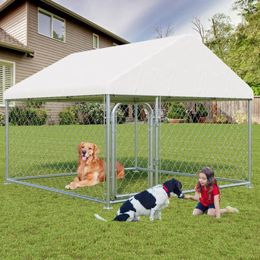 Outdoor Large Dog Kennel 6.6 x 6.6 FT, Heavy Duty Dog Enclosure with UV & Rain-Proof Fully Covered Roof, Rustproof Metal Mesh, Double Security Locks (79" L * 79" W * 63" H)