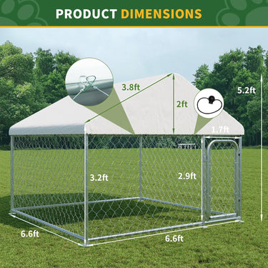 Outdoor Large Dog Kennel 6.6 x 6.6 FT, Heavy Duty Dog Enclosure with UV & Rain-Proof Fully Covered Roof, Rustproof Metal Mesh, Double Security Locks (79" L * 79" W * 63" H)