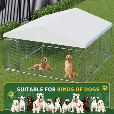 Outdoor Large Dog Kennel 10 x 10 FT, Heavy Duty Dog Enclosure with UV & Rain-Proof Fully Covered Roof, Rustproof Metal Mesh, Double Security Locks